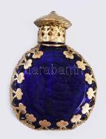 Királykék parfümös üveg, fém szerelékkel, m: 6,5 cm
