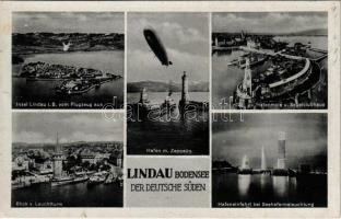 1941 Lindau im Bodensee, Insel Lindau vom Flugzeug aus, Blick v. Leuchtturm, Hafenmole und Segelclubhaus, Hafeneinfahrt bei Seehafenbeleuchtung, Hafen mit Zeppelin / lake, airship, port, steamship, lighthouse (fl)