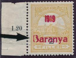 Baranya I. 1919 Turul 2f "törött" betűvel a felülnyomatban / with plate variety Signed: Bodor