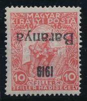 Baranya I. 1919 Hadisegély 10f fordított felülnyomattal, apró falcmaradvánnyal / with inverted overprint, tiny hinge remnant Signed: Bodor