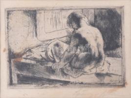 Szőnyi István (1894-1960): Alak. Rézkarc, papír, jelzett, kissé foltos. Üvegezett, kopott fakeretben. 7×10 cm