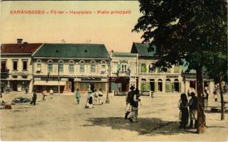 1915 Karánsebes, Caransebes; Fő tér, Gutschmied Lajos, Wenzel G. üzlete, piac. Halász Nándor kiadása / Piata principala / Hauptplatz / main square, shops, market (EK)