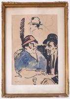 Pólya T jelzéssel: Páros. Akvarell, tus, papír. Üvegezett, sérült fakeretben. 24×18 cm