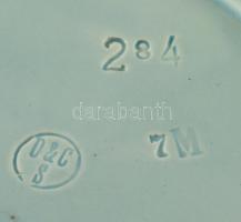 Szecesziós mázas fajansz falitál, jelzett, akasztója sérült, d: 20 cm