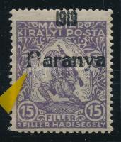 Baranya I. 1919 Hadisegély 15f lemezhibával / with plate variety Signed: Bodor