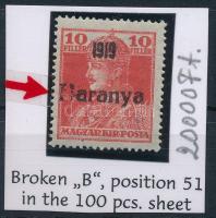 Baranya I. 1919 Károly 10f lemezhibával / with plate variety Signed: Bodor