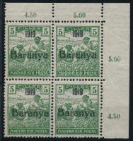 Baranya I. 1919 Arató 5f négyestömb gépszínátnyomattal (halvány gumihibák) / with machine offset (light gum disturbances) Signed: Bodor