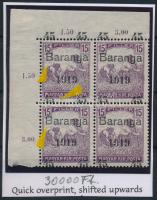 Baranya I. 1919 Arató 15f négyestömb elcsúszott felülnyomattal / with shifted overprint Signed: Bodor