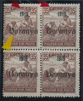 Baranya I. 1919 Arató 35f négyestömb lemezhibával és 2 bélyegen antikva számokkal / with plate variety and antiqua numbers Signed: Bodor