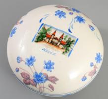 Zsolnay Hévíz képes nagy bonbonniere. Kézzel festett, jelzett, javított repedéssel. d: 20 cm