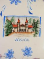 Zsolnay Hévíz képes nagy bonbonniere. Kézzel festett, jelzett, javított repedéssel. d: 20 cm