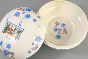 Zsolnay Hévíz képes nagy bonbonniere. Kézzel festett, jelzett, javított repedéssel. d: 20 cm