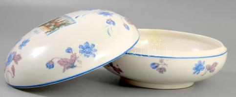 Zsolnay Hévíz képes nagy bonbonniere. Kézzel festett, jelzett, javított repedéssel. d: 20 cm