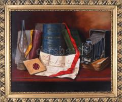 T. Czene István (1966-): Csendélet régiségekkel. Olaj, farost, jelezve balra lent. Dekoratív, kissé sérült fakeretben. 40×50 cm