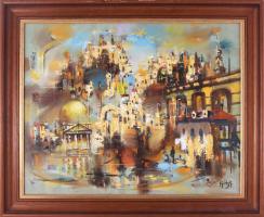 Vojnits Richárd (1942-): Mediterrán kavalkád. Olaj, farost, jelzett. Dekoratív fakeretben, 40×50 cm