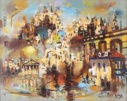 Vojnits Richárd (1942-): Mediterrán kavalkád. Olaj, farost, jelzett. Dekoratív fakeretben, 40×50 cm