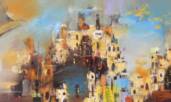 Vojnits Richárd (1942-): Mediterrán kavalkád. Olaj, farost, jelzett. Dekoratív fakeretben, 40×50 cm