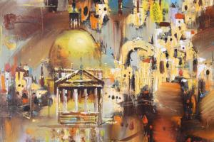 Vojnits Richárd (1942-): Mediterrán kavalkád. Olaj, farost, jelzett. Dekoratív fakeretben, 40×50 cm