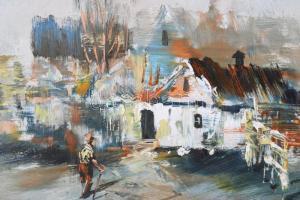 Vojnits Richárd (1942-): Tanya. Olaj, farost, jelzett. Dekoratív fakeretben, 22,5×38 cm