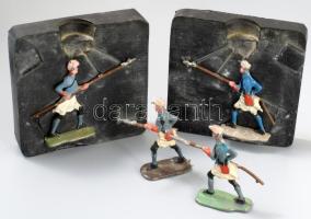 Ólomkatonák és hozzá tartozó öntőformák, gumi és fém és olvasztó kanál . 7 db öntőforma és 20 db kat...