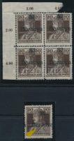 Baranya I. 1919 Károly 20f négyestömb 2 bélyegen gépszínátnyomattal + bélyeg elcsúszott felülnyomattal / block of 4 with machine offset + stamp with shifted overprint Signed: Bodor