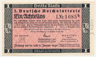 Német Harmadik Birodalom 1940. "2. Deutsche Reichslotterie (2. Német Birodalmi Sorsjáték)" 3. osztály 1/8 sorsjegye, vízjeles papíron, sorszámozással T:AU German Third Reich 1940. "2. Deutsche Reichslotterie (2. German Reich Lottery)" 3rd class 1/8 lottery ticket on watermarked paper, with serial number C:AU