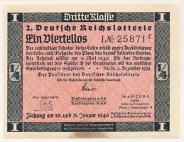 Német Harmadik Birodalom 1940. "2. Deutsche Reichslotterie (2. Német Birodalmi Sorsjáték)" 3. osztály 1/4 sorsjegye, vízjeles papíron, sorszámozással T:XF hajtatlan, folt German Third Reich 1940. "2. Deutsche Reichslotterie (2. German Reich Lottery)" 3rd class 1/4 lottery ticket on watermarked paper, with serial number C:XF unfolded, spotted