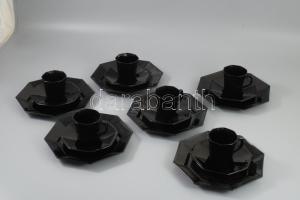 Francia fekete üveg 6 személyes reggeliző készlet, csésze alátéttel és desszertes tányér. Jelzett hi...