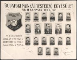 1949 A Budafoki Munkás Testedző Egyesület NB II labdarúgó csapata 1948/49, tablófotó, a hátoldalon pecséttel jelzett (Pobuda Foto), törésnyomokkal, 22,5x29 cm