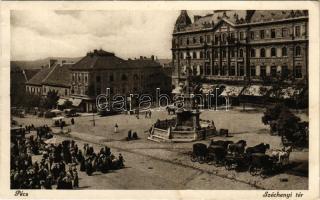 1924 Pécs, Széchenyi tér, Takarékpénztár, üzletek, piac, villamos (EB)