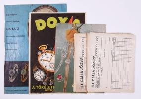 cca 1930-1960 Óra és ékszer témájú reklámnyomtatványok: Doxa kisplakát/villamosplakát (24x17 cm), ifj. Kalla József órásmester kitöltetlen fejléces számlái (20 db), stb.