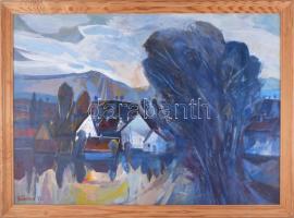 Göldner Tibor (1929-): Tolnai falucska. Olaj, farost, jelzett. Hátoldalán címkén feliratozott. Fakeretben. 50×70 cm