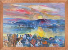 Göldner Tibor (1929-2013): Vízparti alkony. Olaj, farost, jelzett. Hátoldalán címkén feliratozott. Fakeretben. 50×70 cm