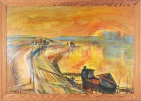 Göldner Tibor (1929-2013): Lemenő nap a Sugón (Sugovica, Baja). Olaj, farost, jelzett. Hátoldalán címkén feliratozott. Fakeretben. 45×65 cm