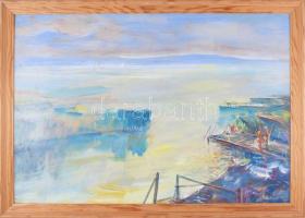 Göldner Tibor (1929-2013): Nyárvégi strandolók (Balaton). Olaj, farost, jelzett. Hátoldalán címkén feliratozott. Fakeretben. 45×65 cm