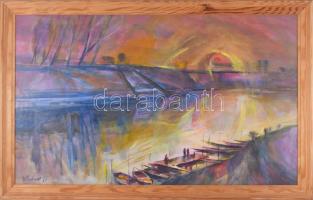 Göldner Tibor (1929-2013): Alkony a Sugovicán (Baja). Olaj, farost, jelzett. Hátoldalán címkén feliratozott. Fakeretben. 40×65 cm