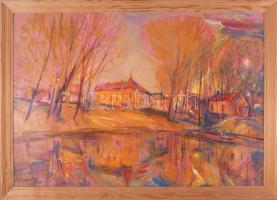 Göldner Tibor (1929-2013): Novemberi vízpart. Olaj, farost, jelzett. Hátoldalán címkén feliratozott. Fakeretben. 45×65 cm