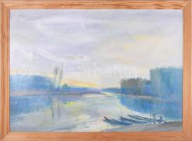 Göldner Tibor (1929-2013): Csónakok a vén Dunán. Olaj, farost, jelzett. Hátoldalán címkén feliratozott. Fakeretben. 45×65 cm