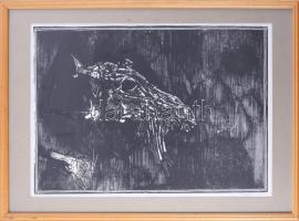 König (Kőnig) Róbert (1951-2014): Hebridák. Linómetszet, papír, jelzett, művészpéldány EA. III./V. számozással, üvegezett fakeretben, 35x50 cm