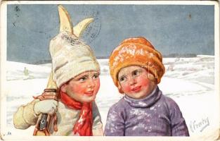 1922 Skiing children art postcard, winter sport. B.K.W.I. 613. s: K. Feiertag (EB)
