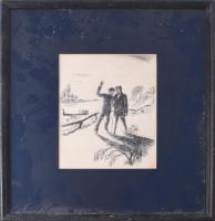 Jelzés nélkül (Szűr Szabó József?): Ketten a vízparton. Tus, papír. Hátoldalán címkén Szűr Szabó József nevével feliratozott. Üvegezett fakeretben. 16,5x12,5 cm