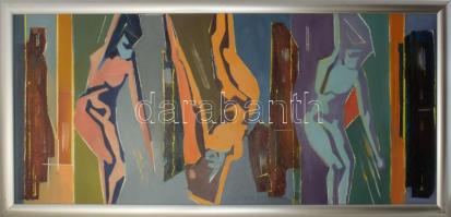 Bubelényi András (-): Delta. Olaj, farost. Jelzett a hátoldalán. Fakeretben. 50x110 cm. KIZÁRÓLAG SZEMÉLYES ÁTVÉTEL, NEM POSTÁZZUK! / ONLY PERSONAL COLLECTION AT OUR OFFICE!