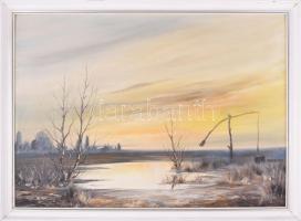 Kovrig Miklós (1951-): Gémeskút. Olaj, farost. Jelzett. Hátoldalán autográf felirattal. 50x70 cm. Dekoratív fakeretben.