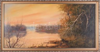 Kovrig Miklós (1951-): Tiszaparti alkony. Olaj, farost. Jelzett. Hátoldalán autográf felirattal. 29x60 cm. Dekoratív fakeretben.