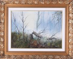 Kovrig Miklós (1951-): Ködös reggel. Olaj, farost. Jelzett. Hátoldalán autográf felirattal. 30x40 cm. Dekoratív fakeretben.