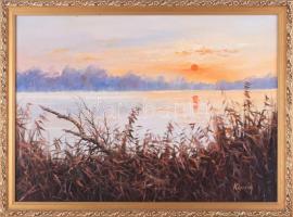 Kovrig Miklós (1951-): Őszi naplemente. Olaj, farost. Jelzett. Hátoldalán autográf felirattal. 33,5x46 cm. Dekoratív fakeretben.
