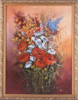 Kovrig Miklós (1951-): Mezei virágok. Olaj, farost. Jelzett. Hátoldalán autográf felirattal. 40x30 cm. Dekoratív fakeretben.