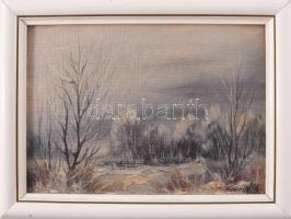 Kovrig Miklós (1951-): Zúzmarás fák. Olaj, farost. Jelzett. Hátoldalán autográf felirattal. 16,5x23,5 cm. Dekoratív fakeretben.