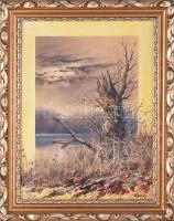 Kovrig Miklós (1951-): Őszi vízpart. Olaj, farost. Jelzett. Hátoldalán autográf felirattal. 40x30 cm. Dekoratív fakeretben.