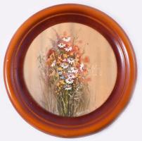 Kovrig Miklós (1951-): Mezei virágok. Olaj, farost. Jelzett. Hátoldalán autográf felirattal. d: 22 cm. Dekoratív fakeretben.